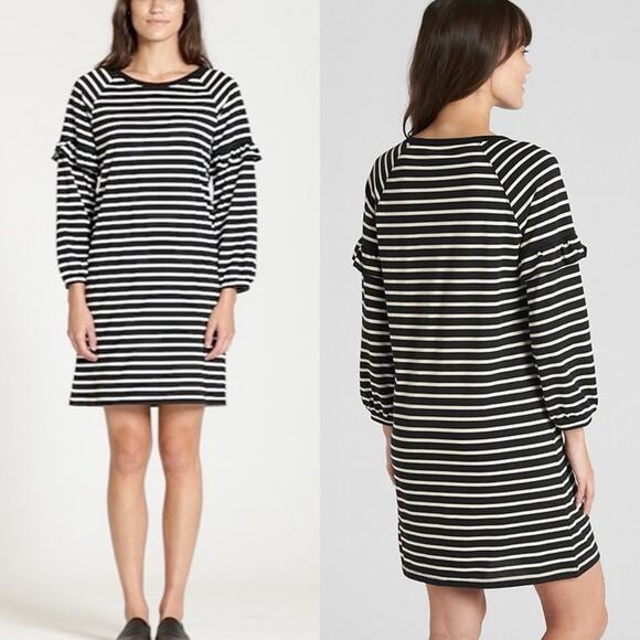 THE GREAT Stripe Ruffle Balloon Sleeve Mini Dress Black White Size 0 US / XS - Picture 1 of 7